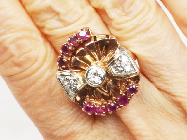 Vintage 14k Rose Gold Diamond & Ruby Bow Ring - 1940s Retro Statement Ring