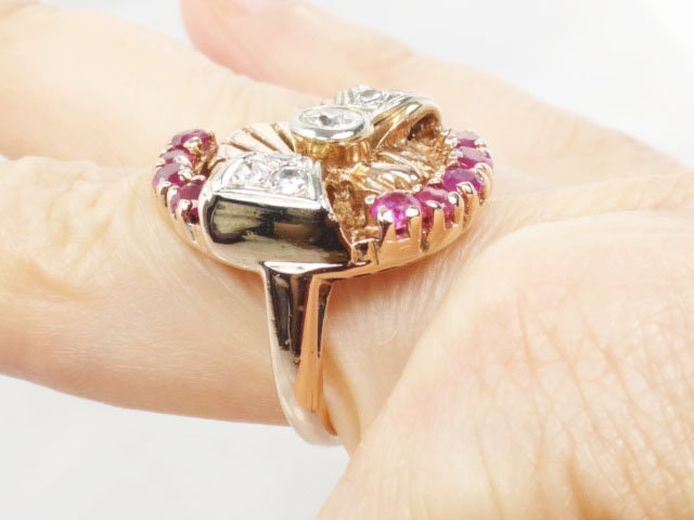 Vintage 14k Rose Gold Diamond & Ruby Bow Ring - 1940s Retro Statement Ring