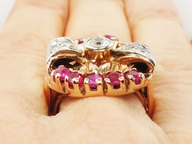 Vintage 14k Rose Gold Diamond & Ruby Bow Ring - 1940s Retro Statement Ring