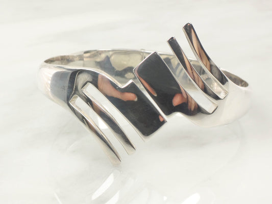 Vintage Large Sterling Silver Modernist Hinged Bangle Bracelet Heavy Taxco Mexico Silver