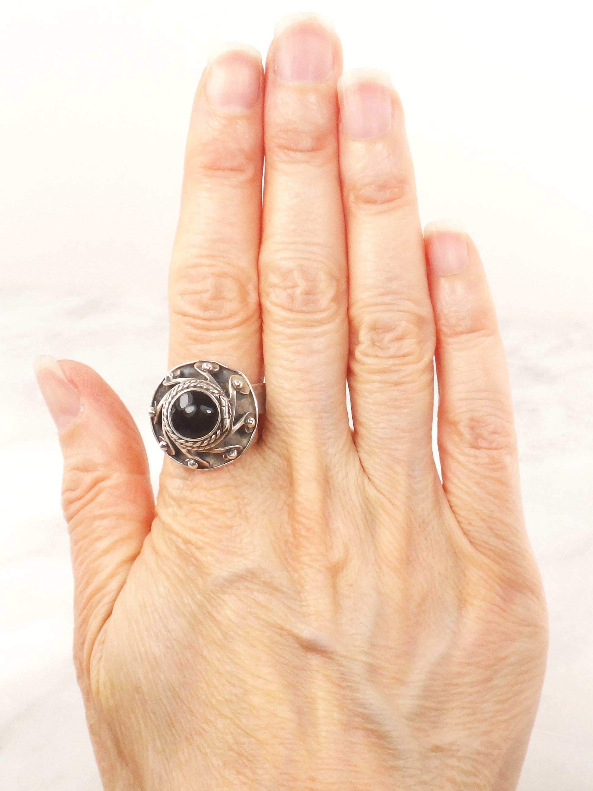 Vintage Sterling Silver Onyx Ring - Mexico Eagle Mark Black Stone Poison Ring - Adjustable Size