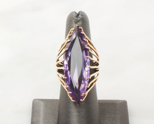 Vintage 14k Large Purple Sapphire Ring Yellow Gold Purple Stone Ring Marquise Cut Sapphire Ring Right Hand Ring Statement Ring Size 7