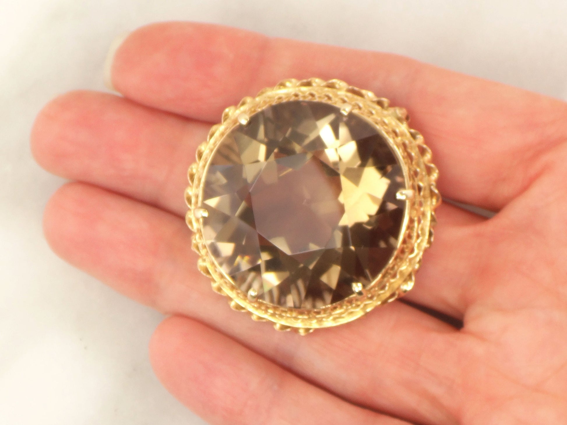 Vintage Large 14k Gold Round Smoky Citrine Quartz Pendant or Pin Approximately 80 Carats