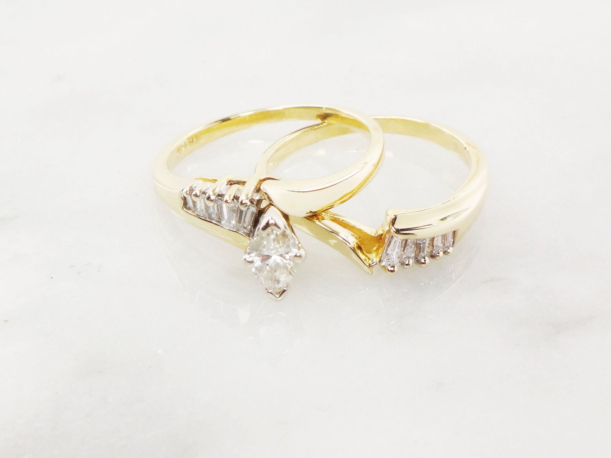 Vintage 14k Gold Marquise Diamond Wedding Ring Set, Size 6.25