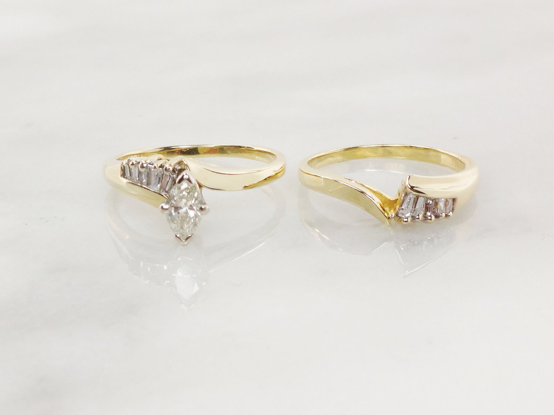 Vintage 14k Gold Marquise Diamond Wedding Ring Set, Size 6.25