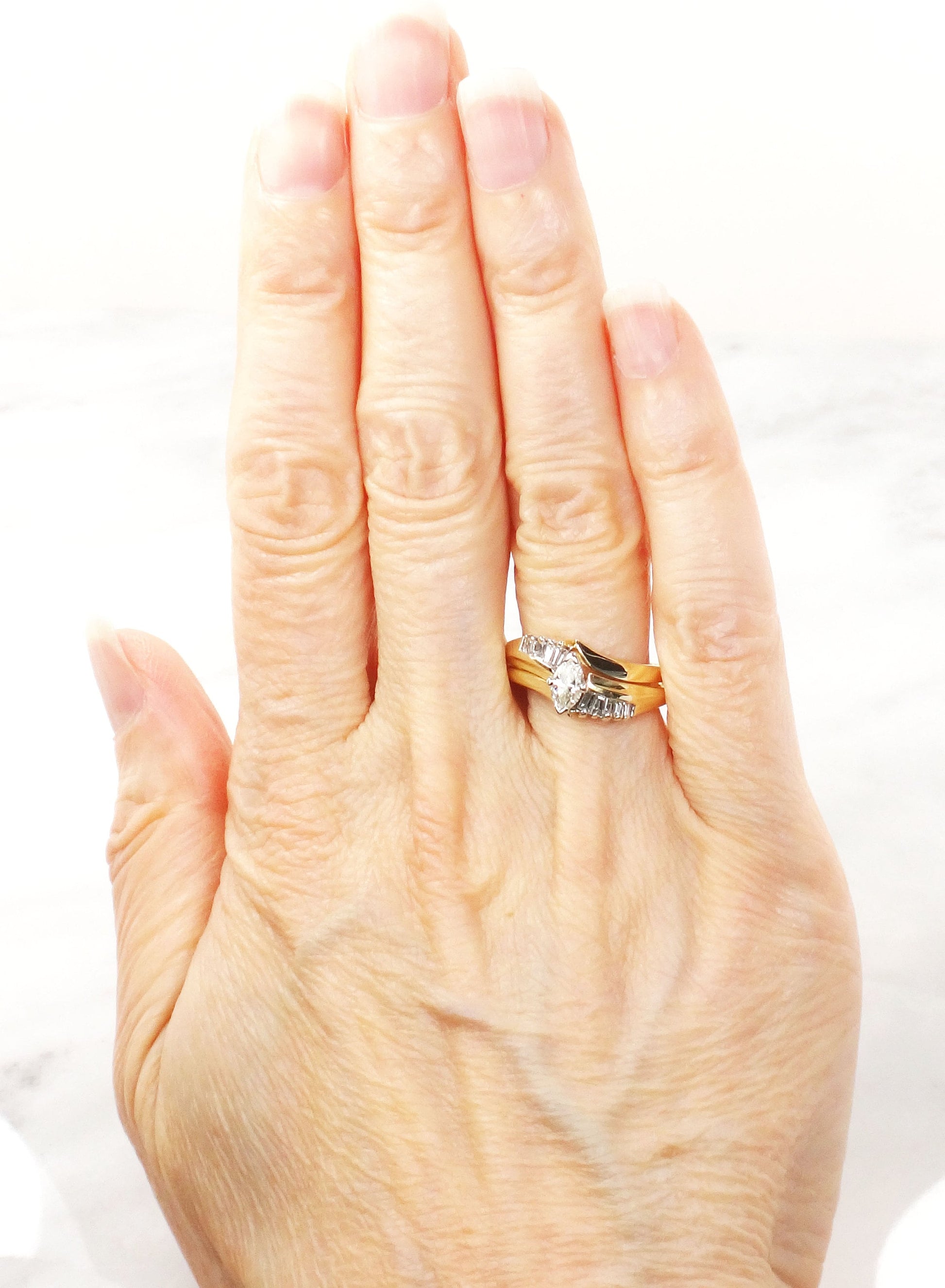 Vintage 14k Gold Marquise Diamond Wedding Ring Set, Size 6.25