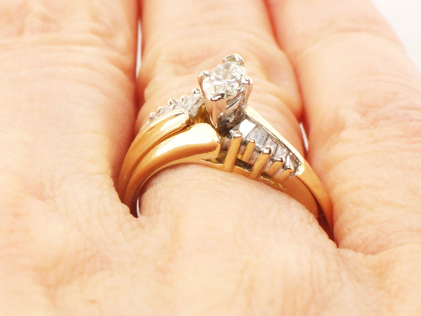 Vintage 14k Gold Marquise Diamond Wedding Ring Set, Size 6.25