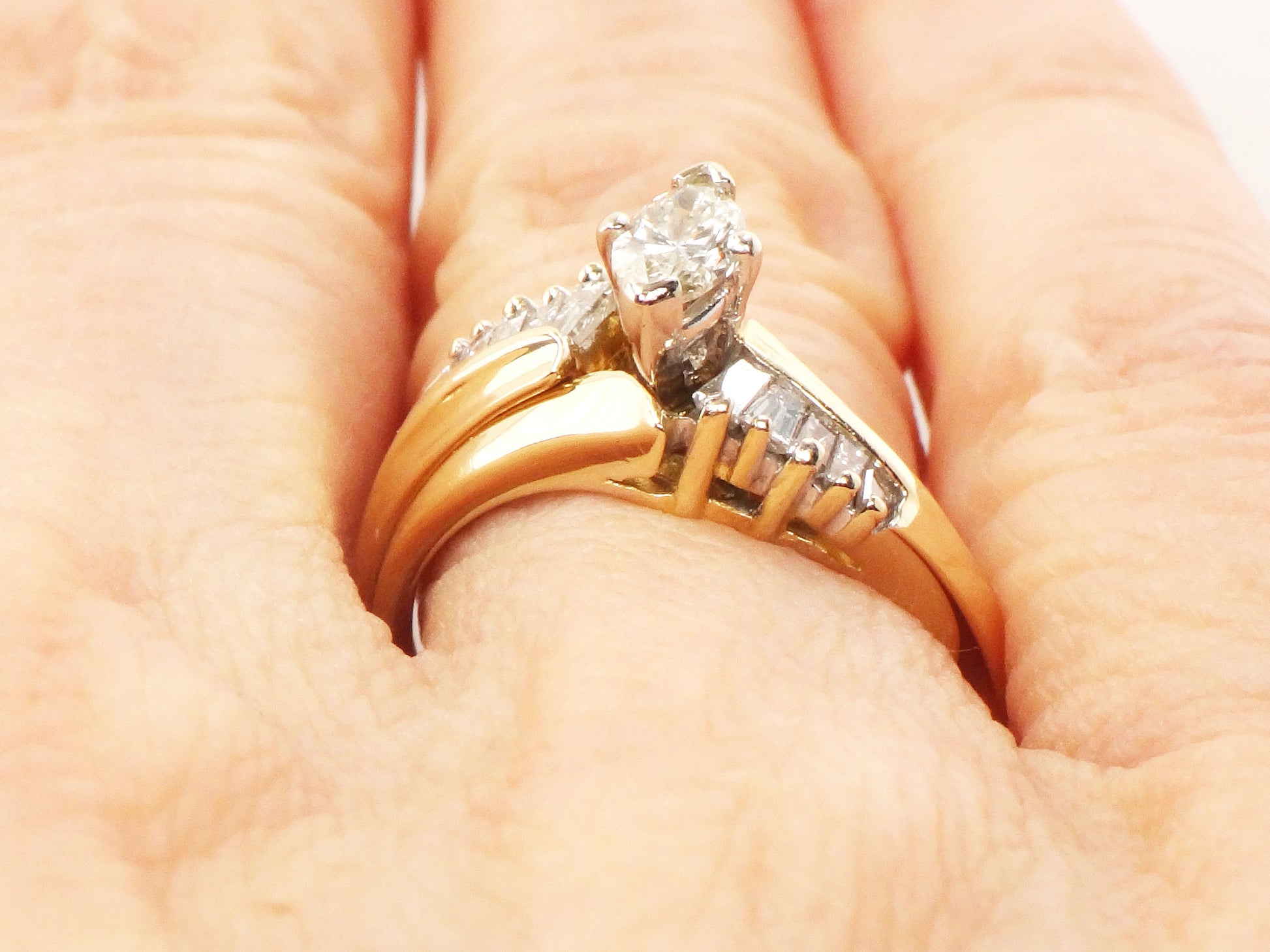 Vintage 14k Gold Marquise Diamond Wedding Ring Set, Size 6.25