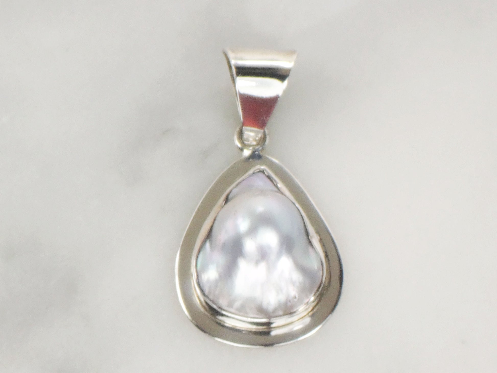 Vintage Large Sterling Silver Pearl Pendant Teardrop Shaped Gray Blister Pearl Pendant Mexio Sterling Pendant