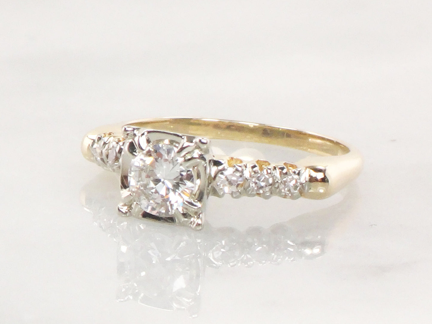 Vintage 14k Gold Diamond Engagement Ring: Transitional European Cut, Size 6.5