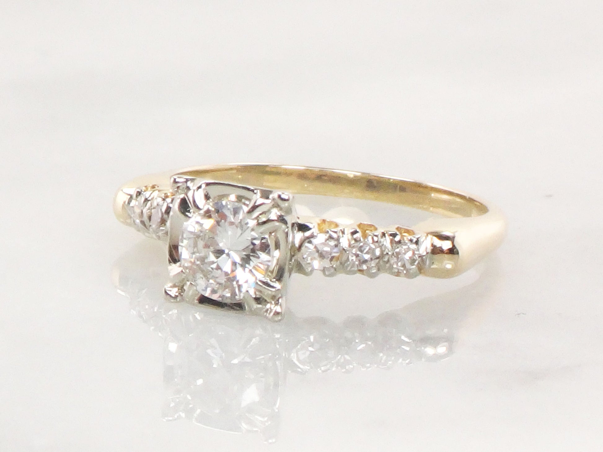 Vintage 14k Gold Diamond Engagement Ring: Transitional European Cut, Size 6.5