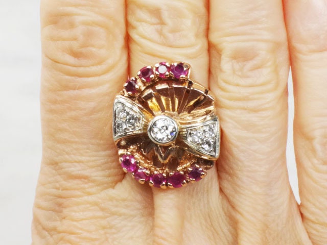 Vintage 14k Rose Gold Diamond & Ruby Bow Ring - 1940s Retro Statement Ring