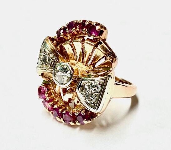Vintage 14k Rose Gold Diamond & Ruby Bow Ring - 1940s Retro Statement Ring