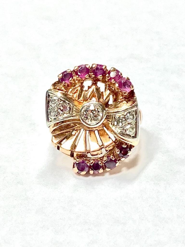 Vintage 14k Rose Gold Diamond & Ruby Bow Ring - 1940s Retro Statement Ring