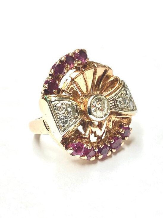 Vintage 14k Rose Gold Diamond & Ruby Bow Ring - 1940s Retro Statement Ring
