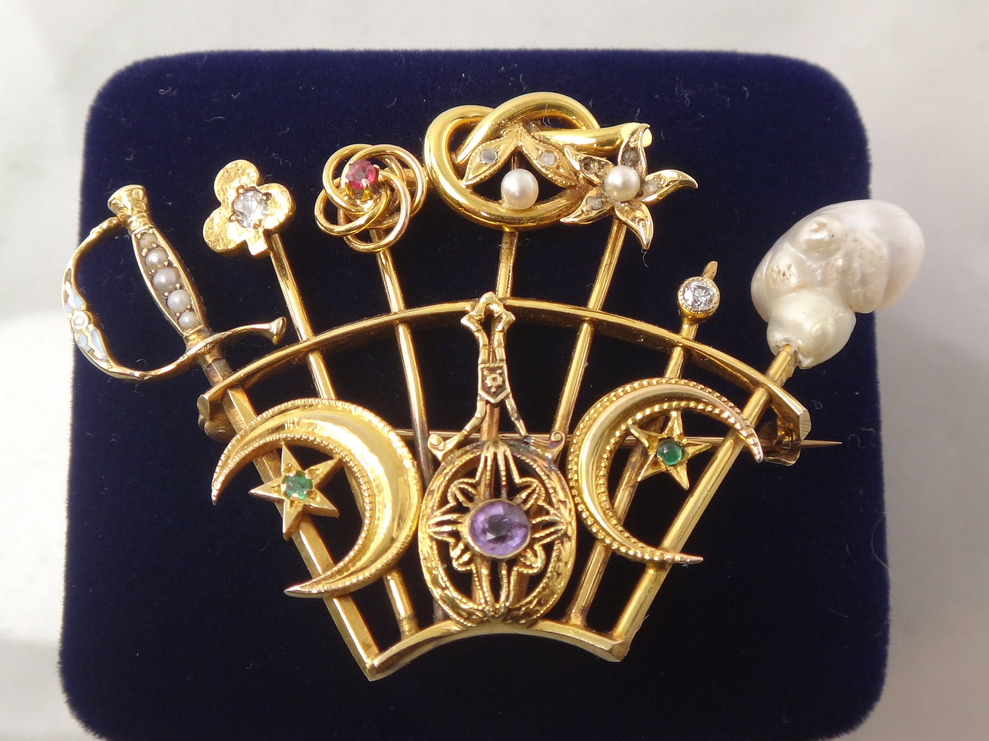Vintage 14k Yellow Gold Stickpin Brooch Pin with Diamonds Pearls Enamel Moons Stars Sword Clover Love Knot Flower