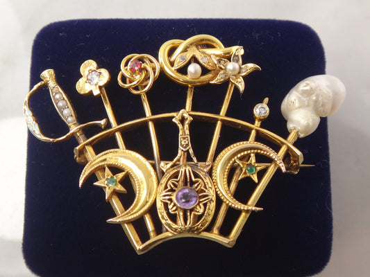 Vintage 14k Yellow Gold Stickpin Brooch Pin with Diamonds Pearls Enamel Moons Stars Sword Clover Love Knot Flower