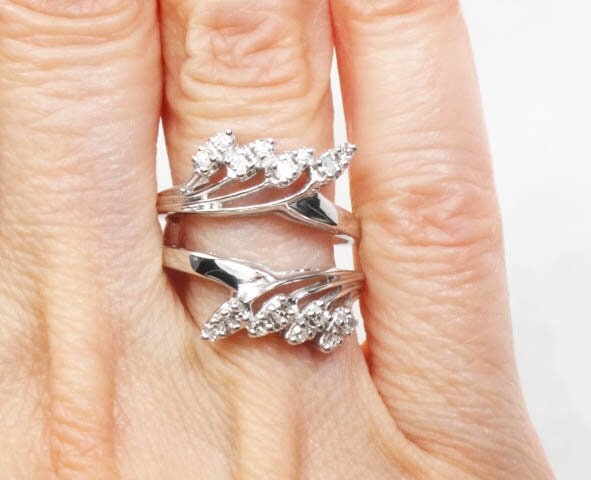 Vintage 14k White Gold Diamond Enhancer Ring: Wedding Band Insert, Size 6.25