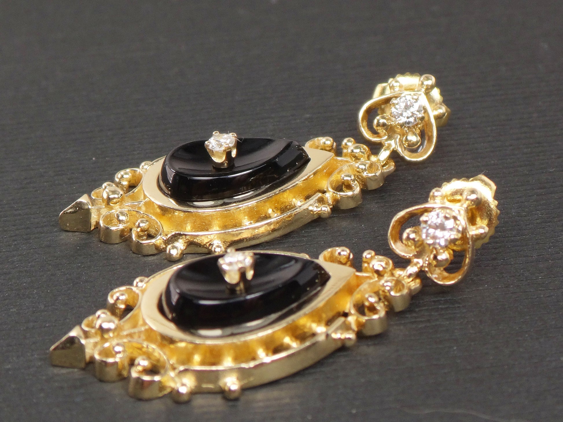 Vintage 14k Yellow Gold Black Onyx and Natural Diamond Dangle Earrings by Designer KGJ Kurt Goldschmidt