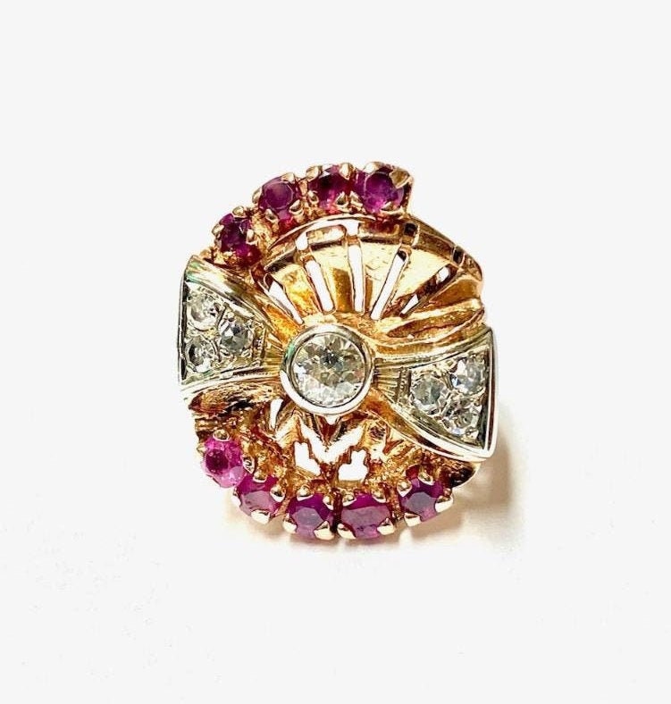 Vintage 14k Rose Gold Diamond & Ruby Bow Ring - 1940s Retro Statement Ring