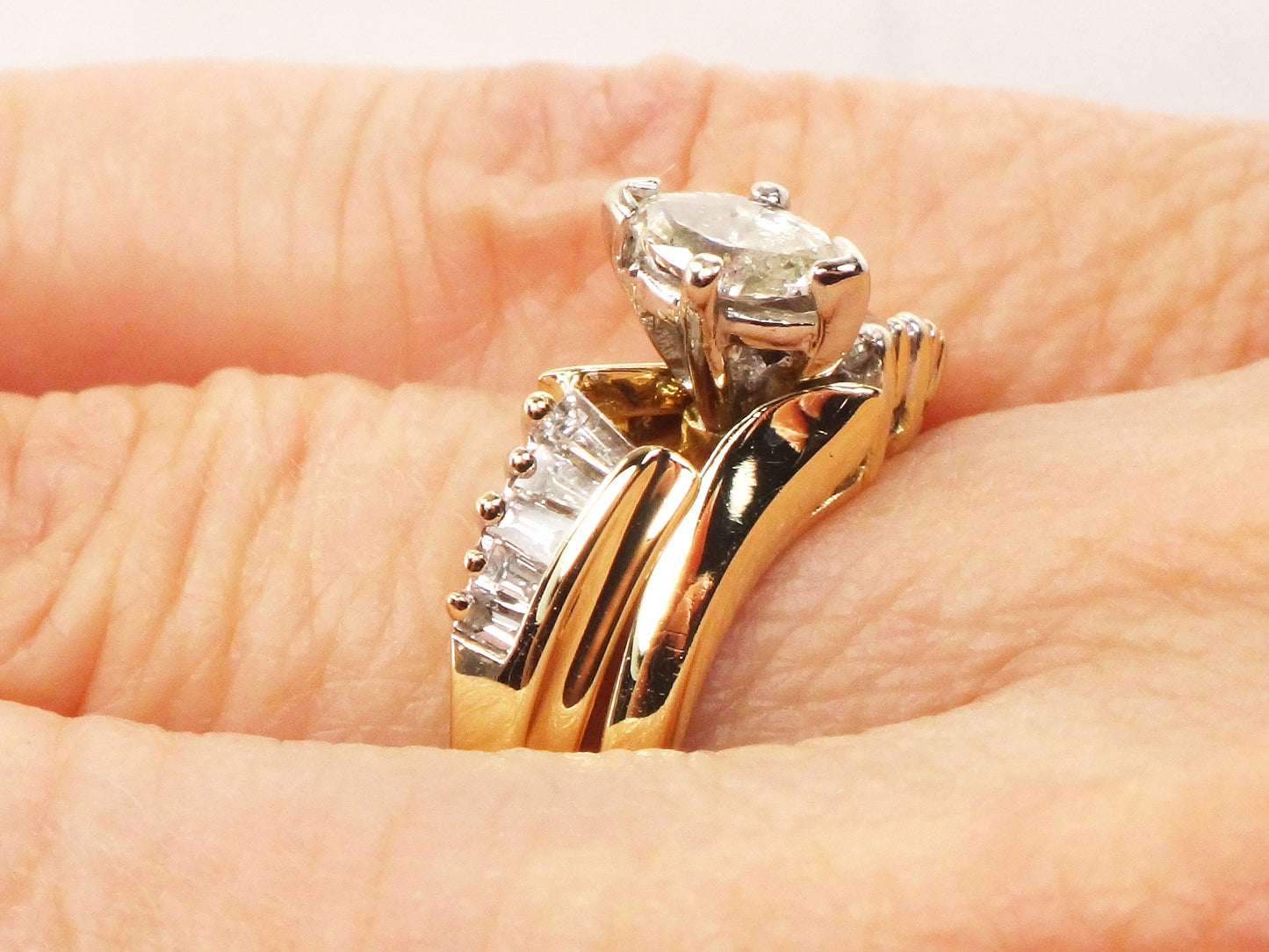 Vintage 14k Gold Marquise Diamond Wedding Ring Set, Size 6.25