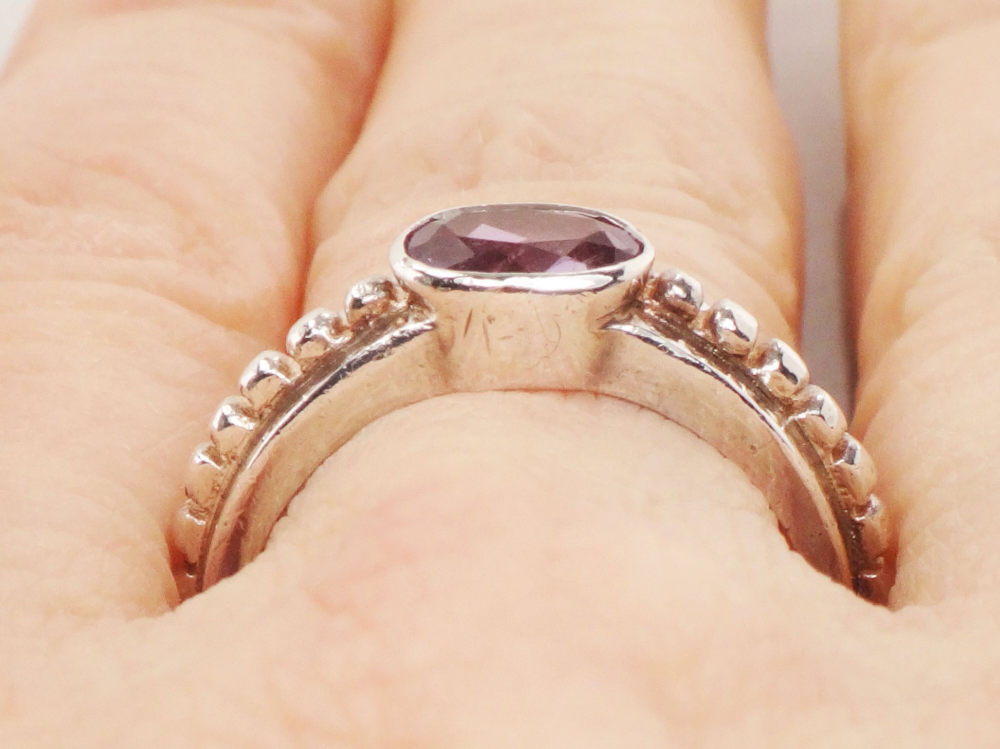 Vintage Sterling Silver Amethyst Ring, Purple Stone Stacking Ring, Sideways Amethyst Band, Size 6
