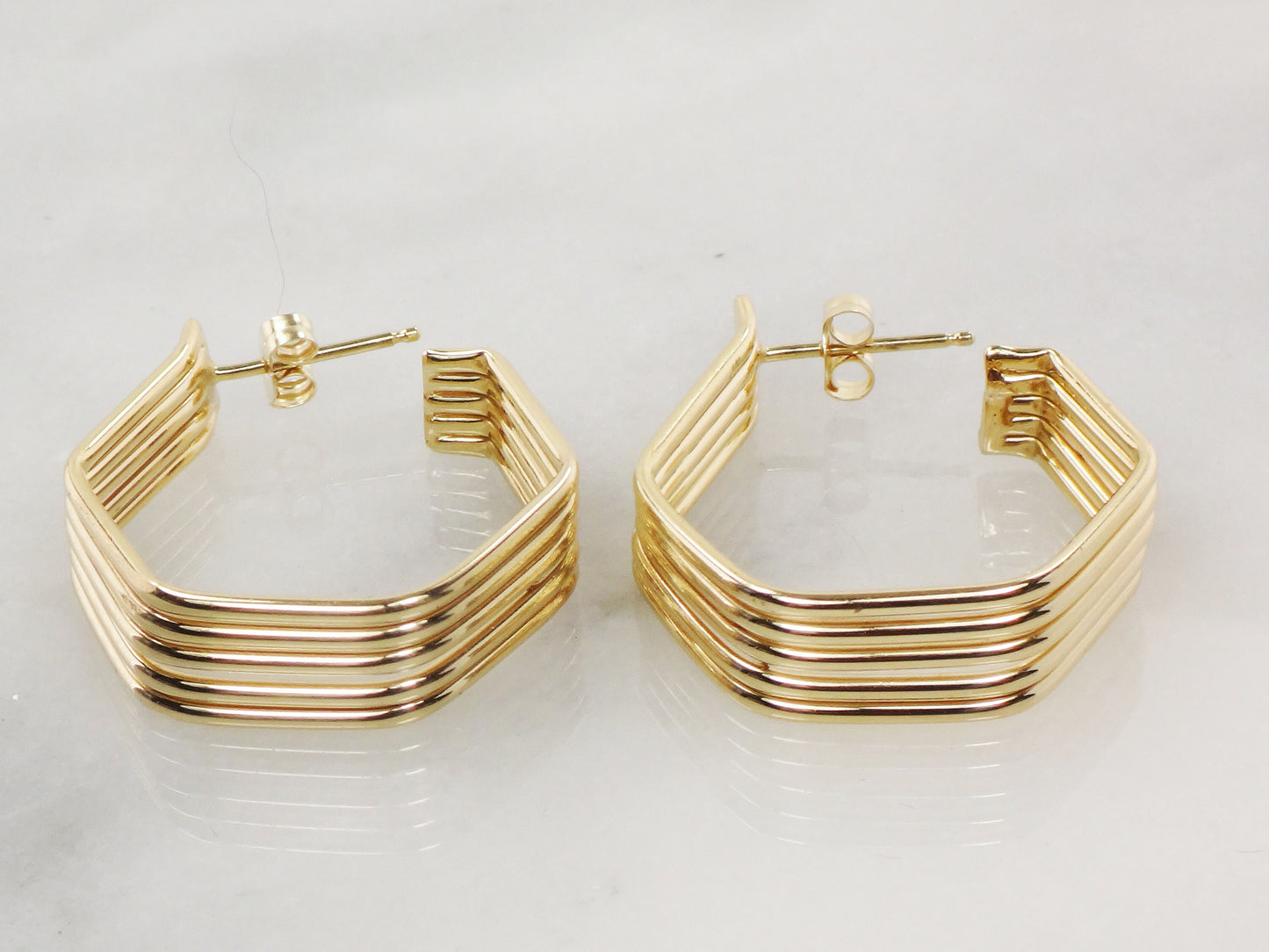 Vintage Large 14k Yellow Gold Octagon Hoop Earrings 17.4 MM Wide with Push Backs