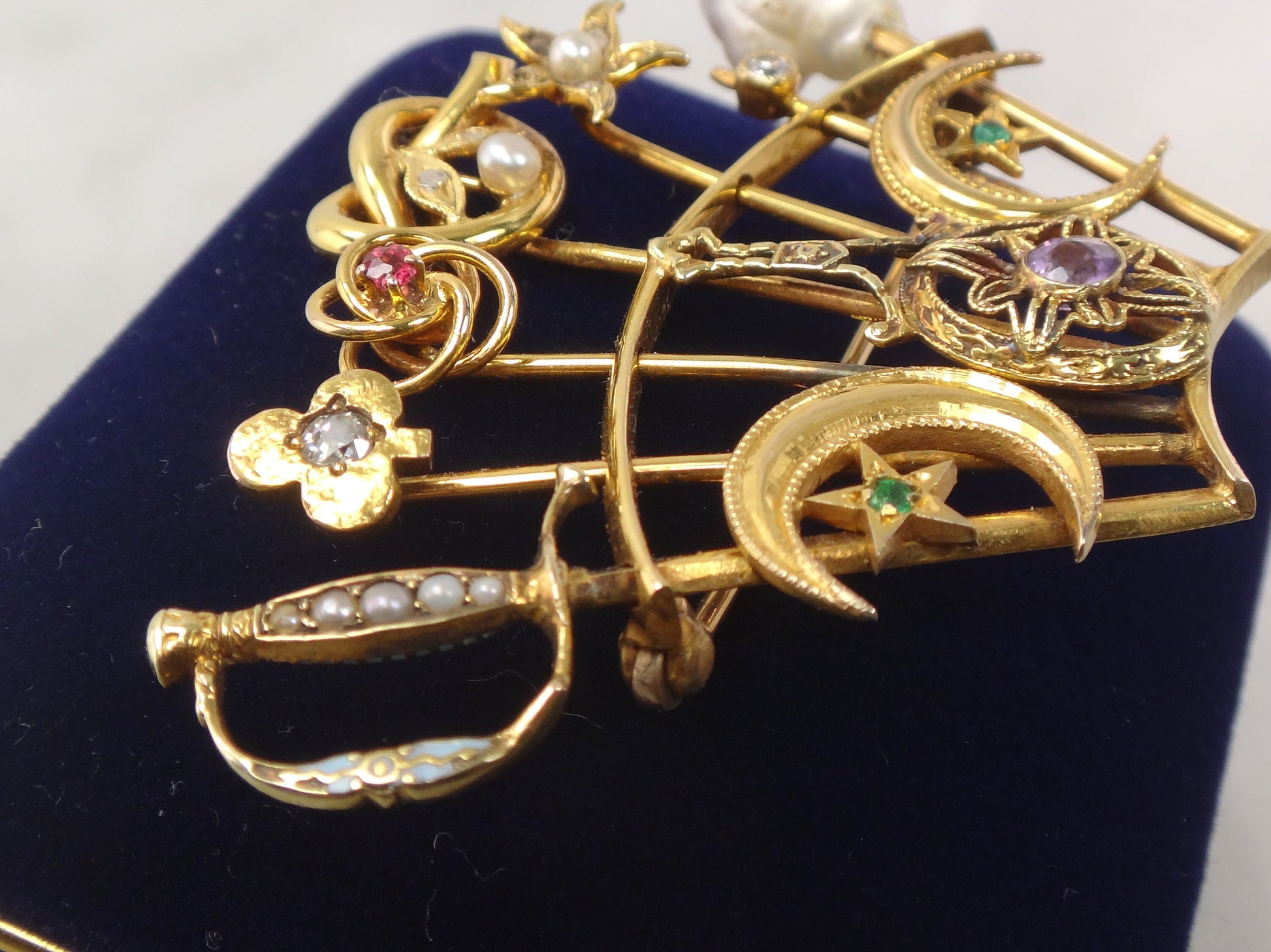 Vintage 14k Yellow Gold Stickpin Brooch Pin with Diamonds Pearls Enamel Moons Stars Sword Clover Love Knot Flower