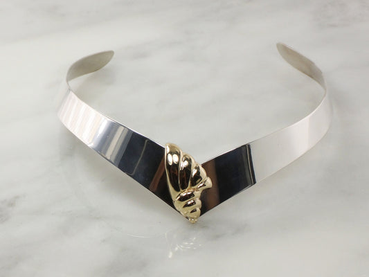 Vintage Sterling Silver and 14k Gold Shell Collar Necklace Mixed Metal Choker Wide Sterling Silver Sea Shell Necklace
