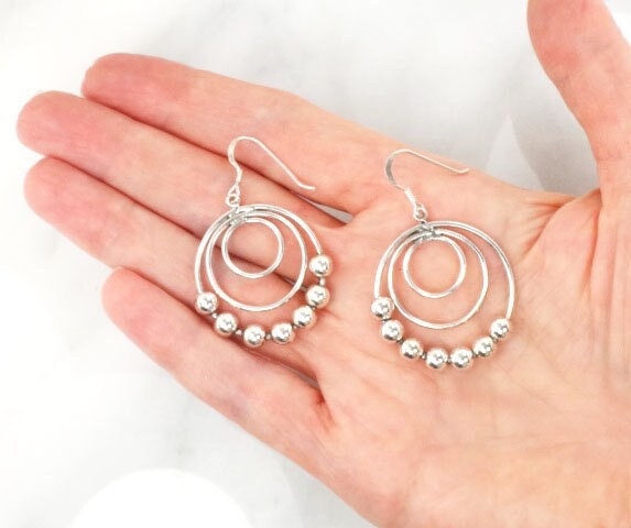Vintage Sterling Silver Beaded Triple Hoop Dangle Earrings