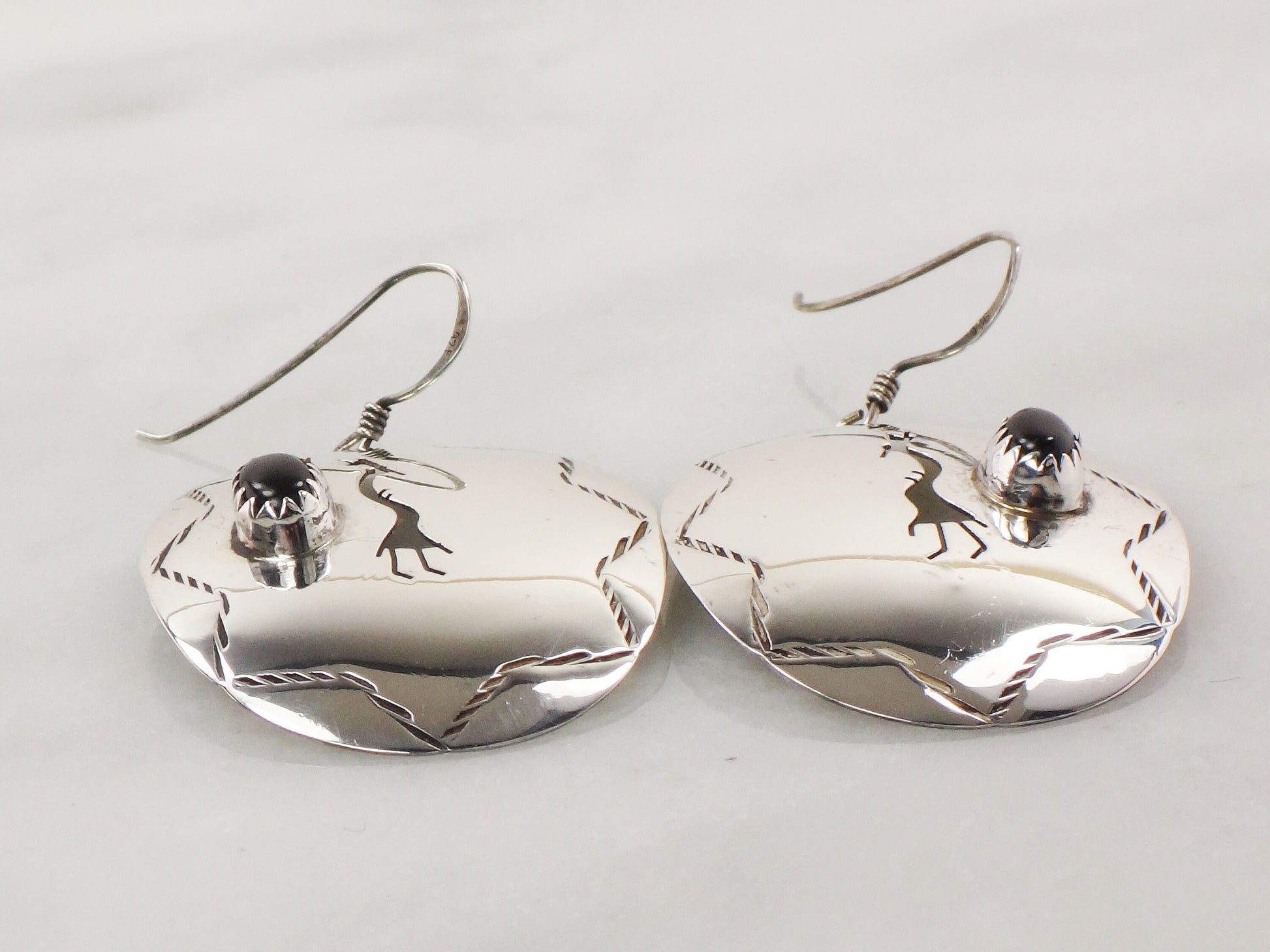 Vintage Large Sterling Silver Dangle Earrings Black Onyx Kokopelli Earrings with Ear Wires Southwestern Style