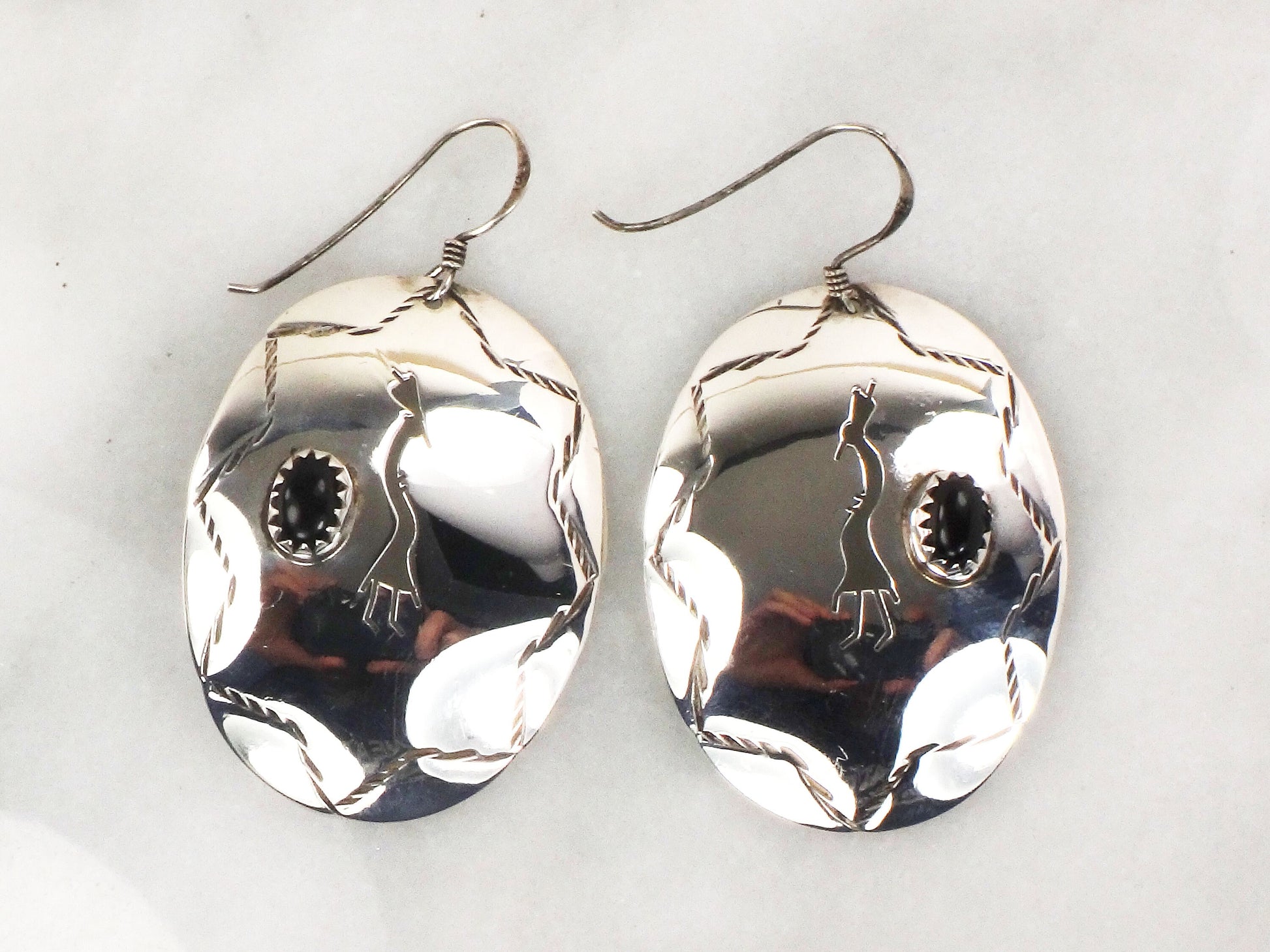 Vintage Large Sterling Silver Dangle Earrings Black Onyx Kokopelli Earrings with Ear Wires Southwestern Style