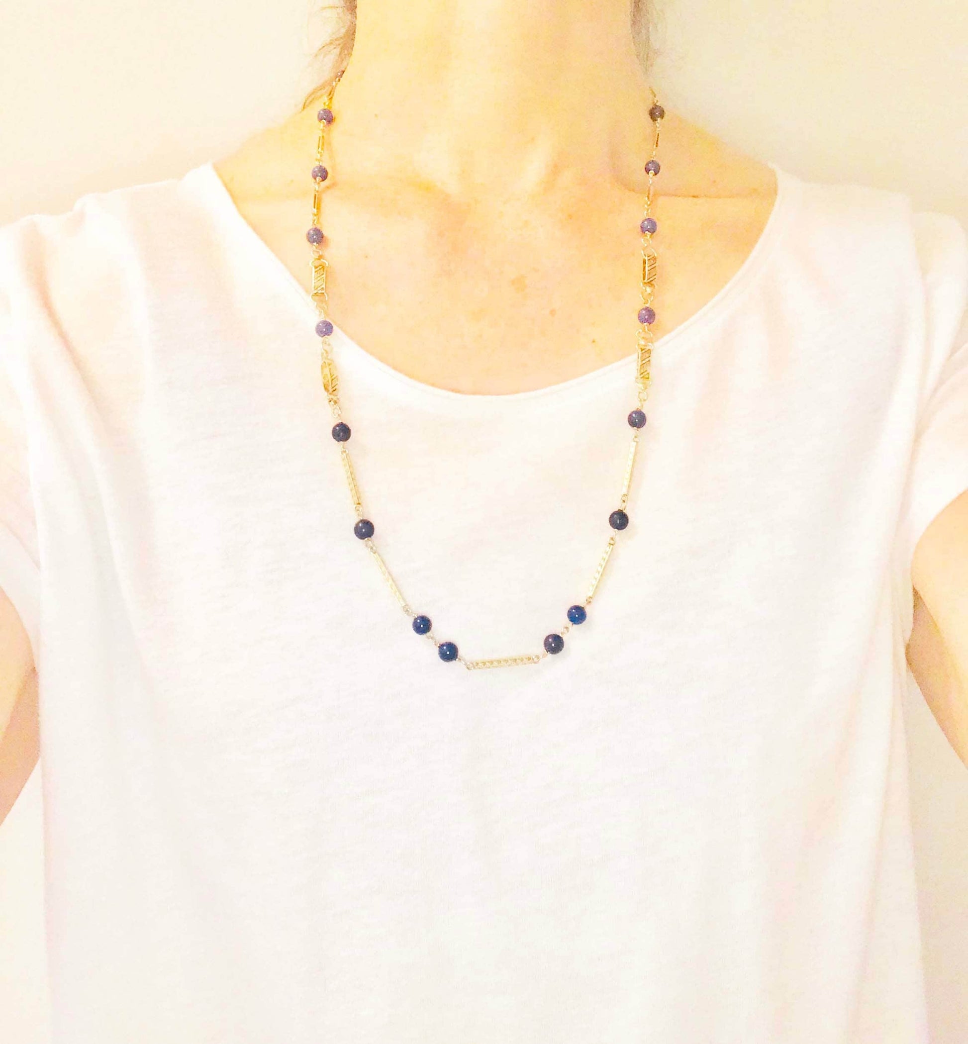 Vintage 14k Yellow Gold Lapis Lazuli Necklace Long Fancy Link Chain - Blue Lapis Station Necklace - 26.75"