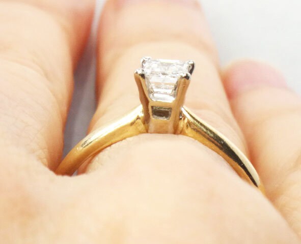 Emerald Cut Engagement Ring - Vintage Natural Diamond .55 Carats - 14k Yellow Gold Solitaire Genuine Gemstone - Fine Jewelry Size 6.75