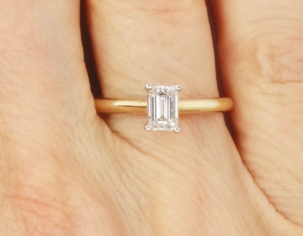 Emerald Cut Engagement Ring - Vintage Natural Diamond .55 Carats - 14k Yellow Gold Solitaire Genuine Gemstone - Fine Jewelry Size 6.75
