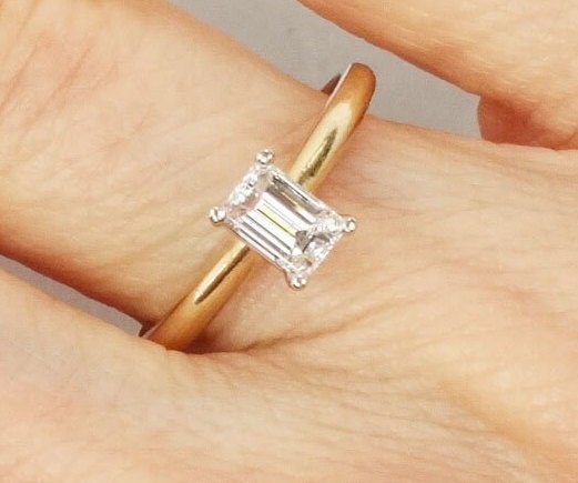 Emerald Cut Engagement Ring - Vintage Natural Diamond .55 Carats - 14k Yellow Gold Solitaire Genuine Gemstone - Fine Jewelry Size 6.75