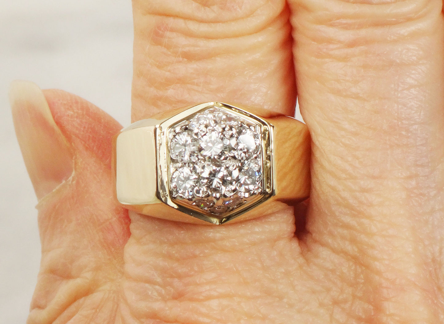 Large 14k Yellow Gold Natural Diamond Cluster Ring Vintage IB Goodman Men's Diamond Ring with Approx 1 CT TDW - Size 10