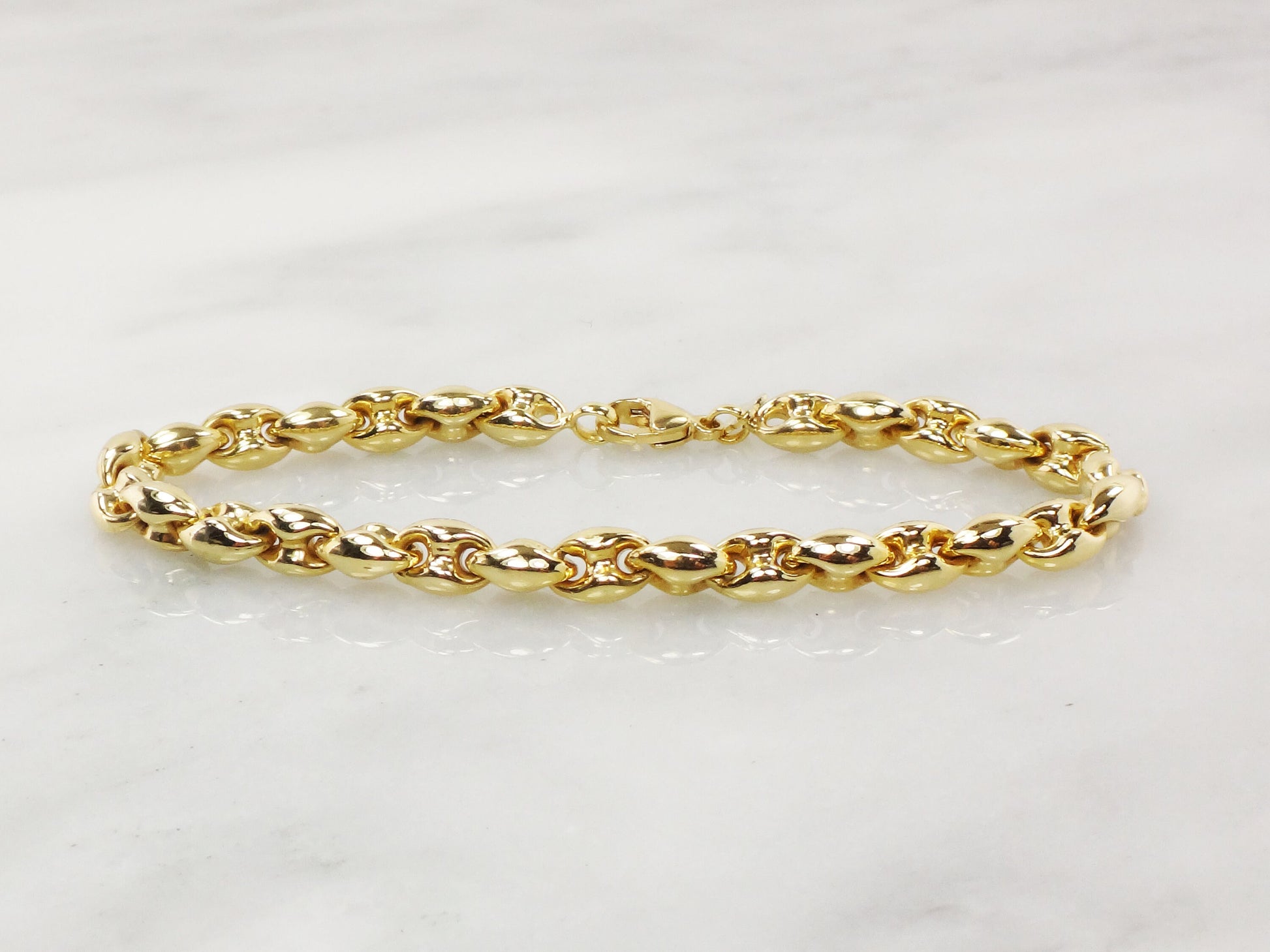 Vintage 18k Yellow Gold Mariner Link Bracelet, Italian Gold Puffed Link Bracelet 7 1/2"