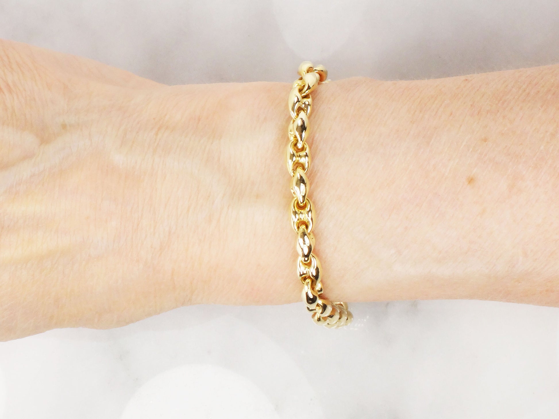 Vintage 18k Yellow Gold Mariner Link Bracelet, Italian Gold Puffed Link Bracelet 7 1/2"