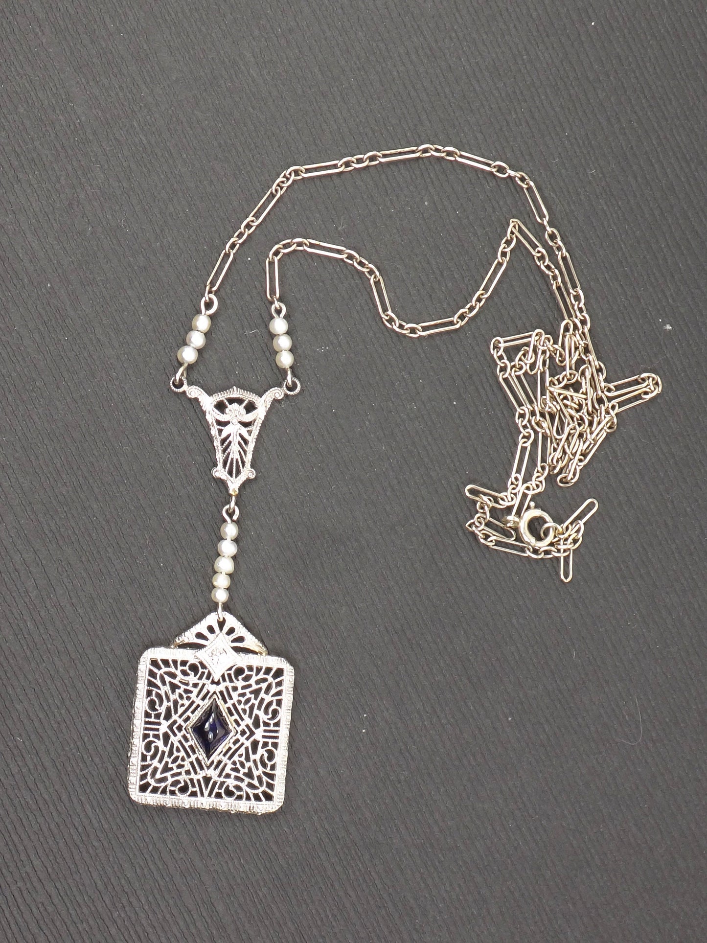 Vintage Art Deco 14k White Gold and Platinum Sapphire Necklace with Diamond Pearl Filigree and Paperclip Chain 16.25"