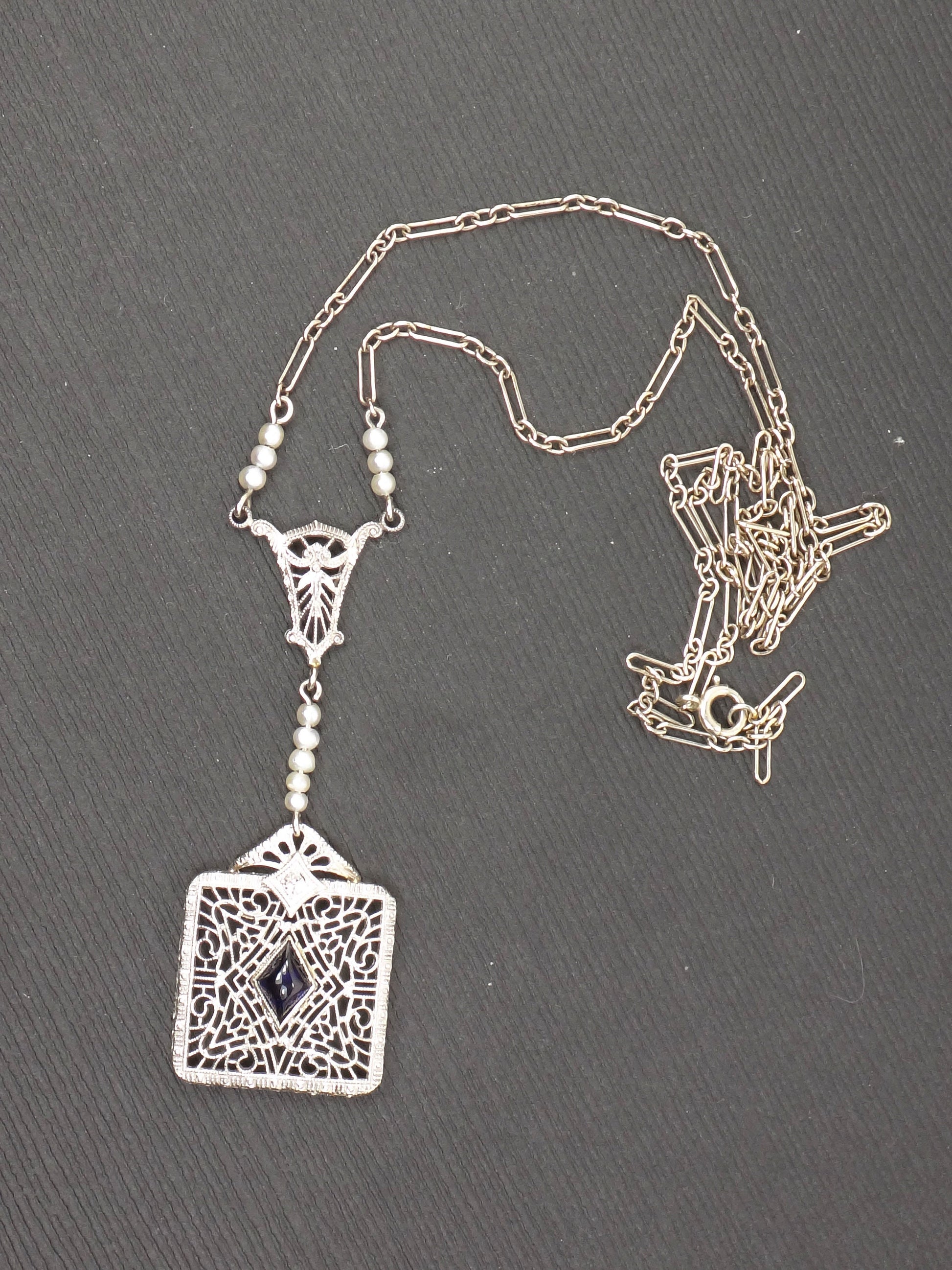 Vintage Art Deco 14k White Gold and Platinum Sapphire Necklace with Diamond Pearl Filigree and Paperclip Chain 16.25"