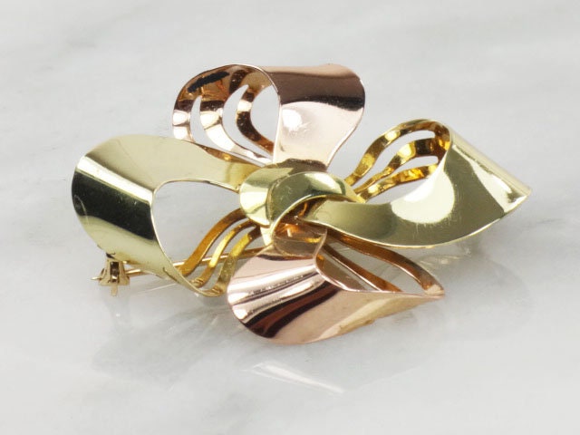 Vintage 14k Yellow & Rose Gold Bow Brooch - Retro 1950s Pin