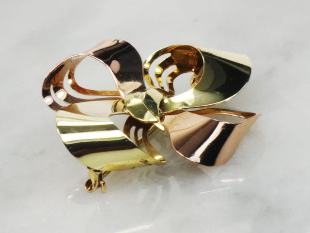 Vintage 14k Yellow & Rose Gold Bow Brooch - Retro 1950s Pin