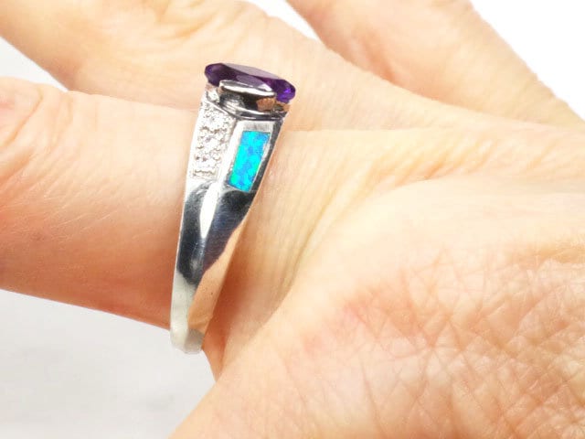 Vintage Sterling Silver Amethyst and Opal Ring: Purple February Birthstone, Size 10