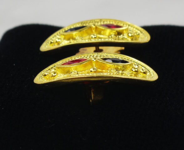 Vintage 22k Yellow Gold Etruscan Style Stud Earrings with Ruby & Sapphire Solid 22k Gold Earrings