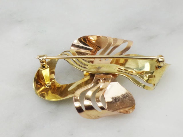 Vintage 14k Yellow & Rose Gold Bow Brooch - Retro 1950s Pin