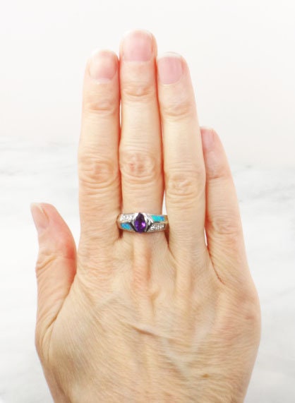 Vintage Sterling Silver Amethyst and Opal Ring: Purple February Birthstone, Size 10