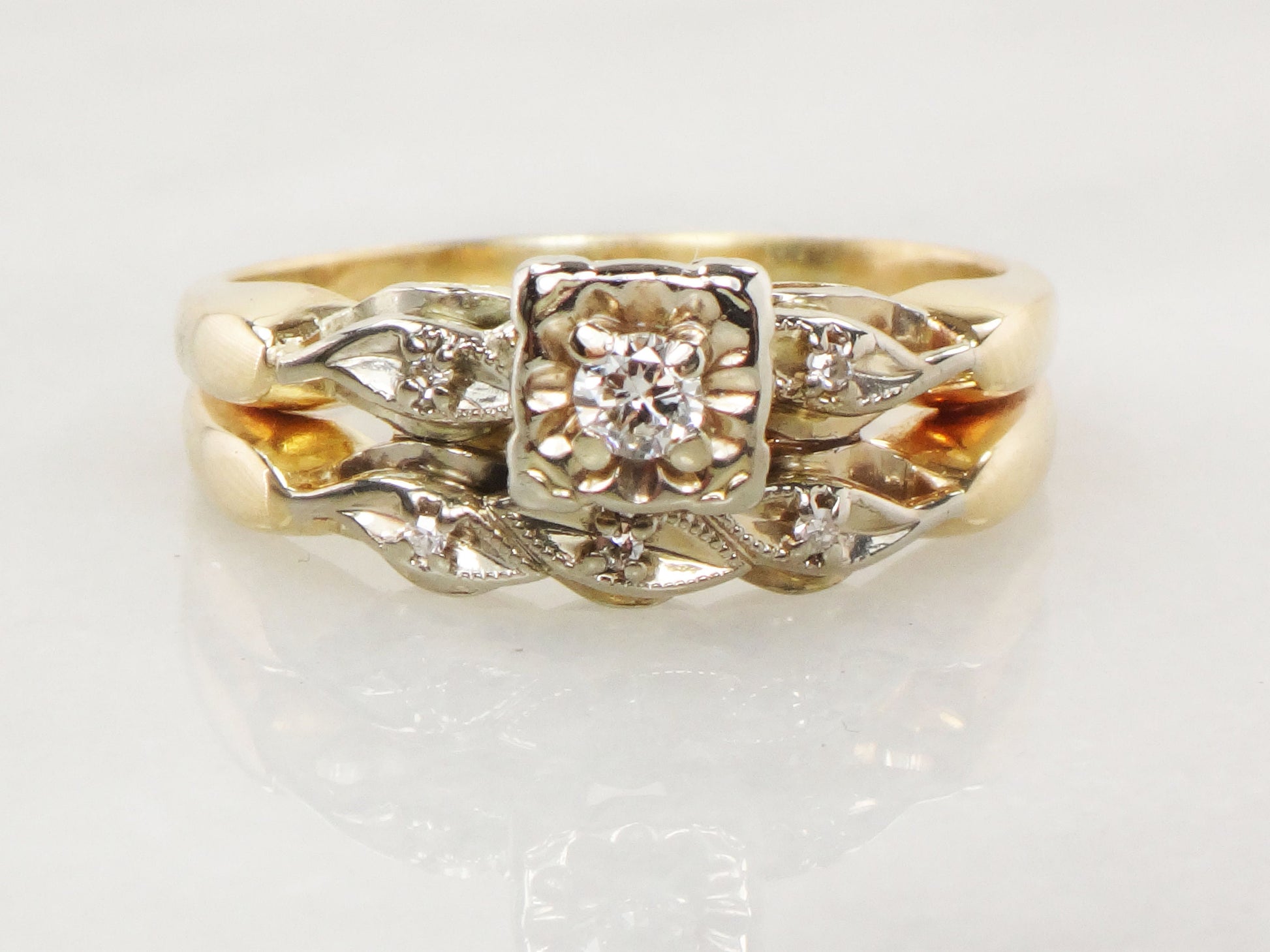 Vintage Diamond Engagement Ring Set: Attached 14k Gold Wedding Band, Size 8.25