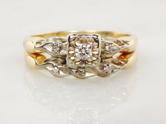 Vintage Diamond Engagement Ring Set: Attached 14k Gold Wedding Band, Size 8.25