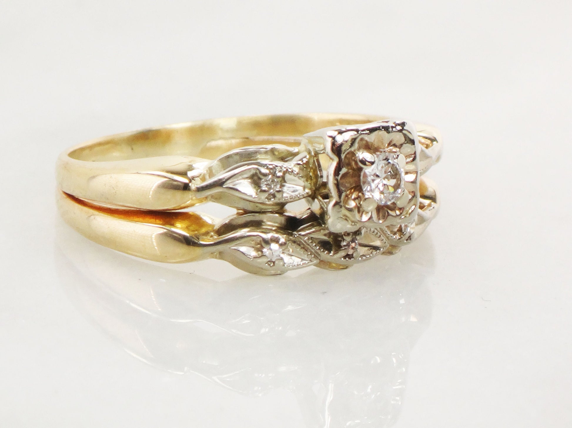 Vintage Diamond Engagement Ring Set: Attached 14k Gold Wedding Band, Size 8.25